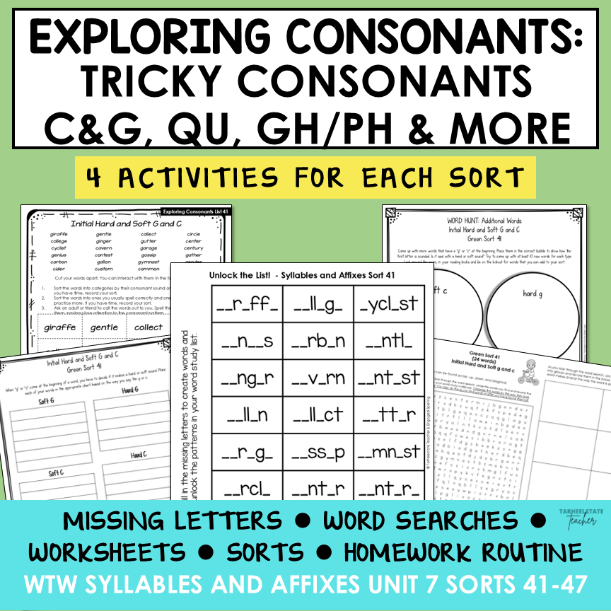 Hard and Soft C & G Silent Consonants GH PH Syllables Affixes Activity Printable