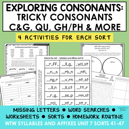 Hard and Soft C & G Silent Consonants GH PH Syllables Affixes Activity Printable