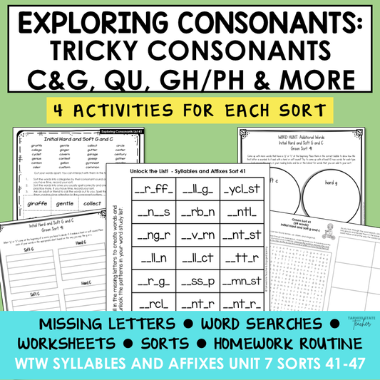 Hard and Soft C & G Silent Consonants GH PH Syllables Affixes Activity Printable