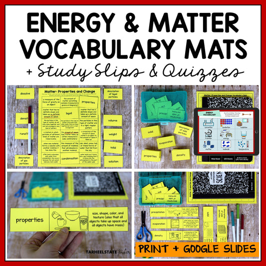 Educational materials for energy and matter vocabulary with printables and digital resources.