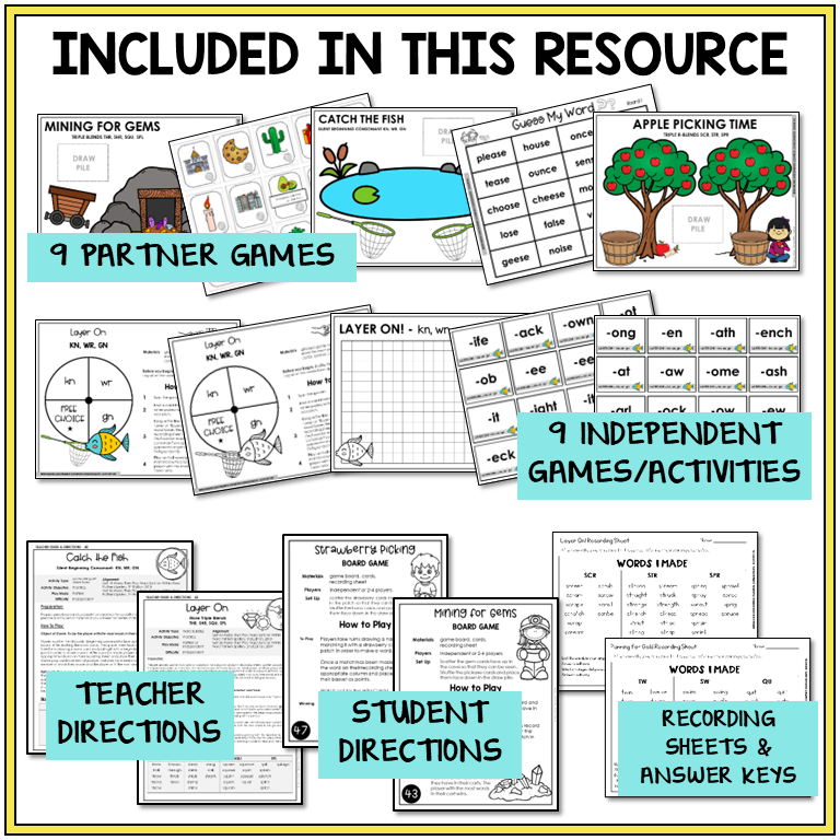 Educational materials including partner games, independent activities, teacher and student directions, and recording sheets included in the Within Word Pattern resource bundle.