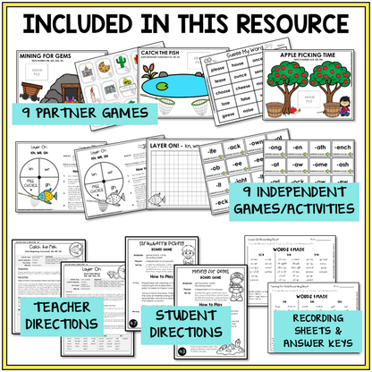 Educational materials including partner games, independent activities, teacher and student directions, and recording sheets included in the Within Word Pattern resource bundle.