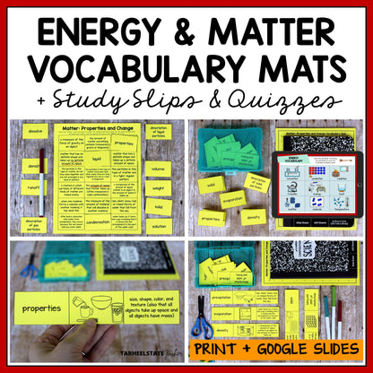 Educational materials for energy and matter vocabulary with printables and digital resources.