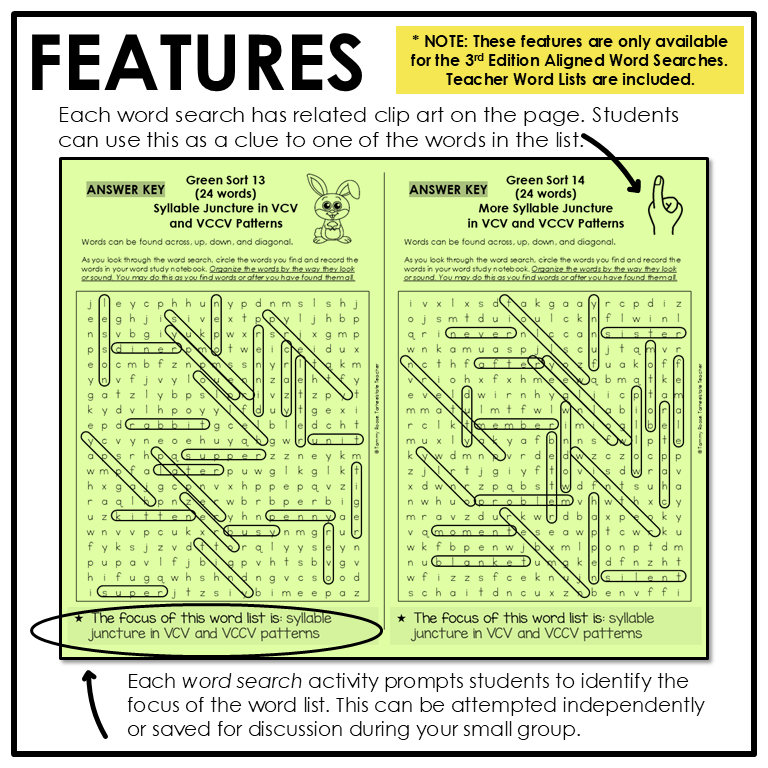 Word search activities include related clip art to help students determine the first word in the activity and the focus of the word list.