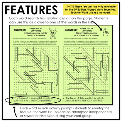 Word search activities include related clip art to help students determine the first word in the activity and the focus of the word list.
