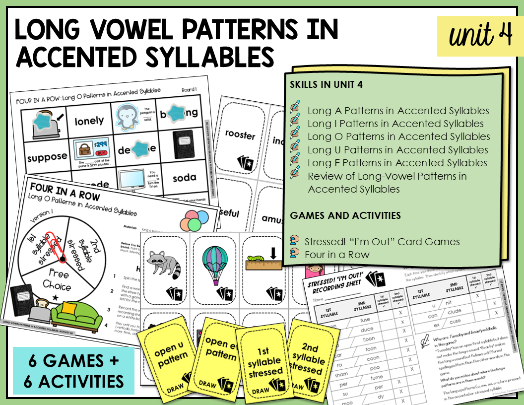 Educational materials for teaching long vowel patterns in accented syllables with games and activities.