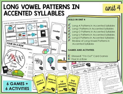 Educational materials for teaching long vowel patterns in accented syllables with games and activities.