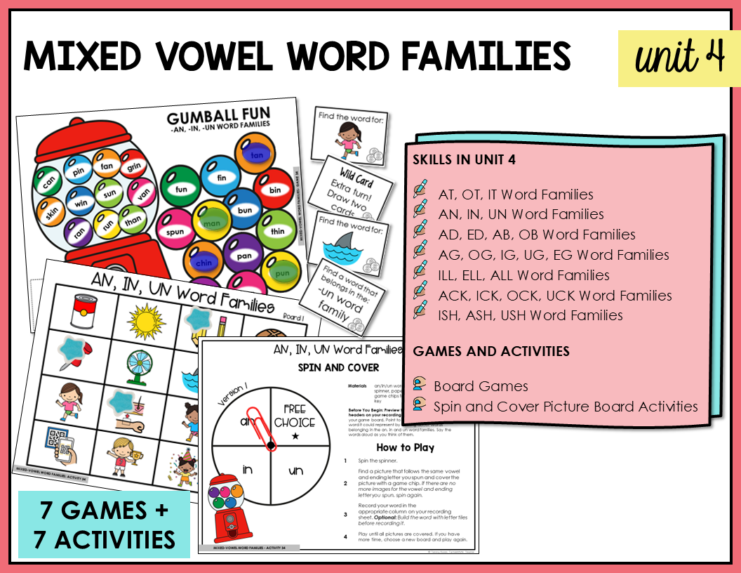 Interactive games and activities for teaching mixed vowel word families in the Letter Name-Alphabetic stage.