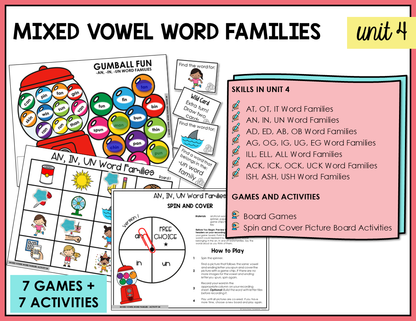 Interactive games and activities for teaching mixed vowel word families in the Letter Name-Alphabetic stage.