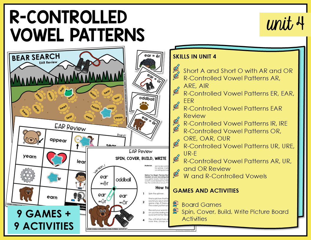 9 partner games and 9 independent activities for students to engage in to practice spelling words with r-controlled vowel patterns