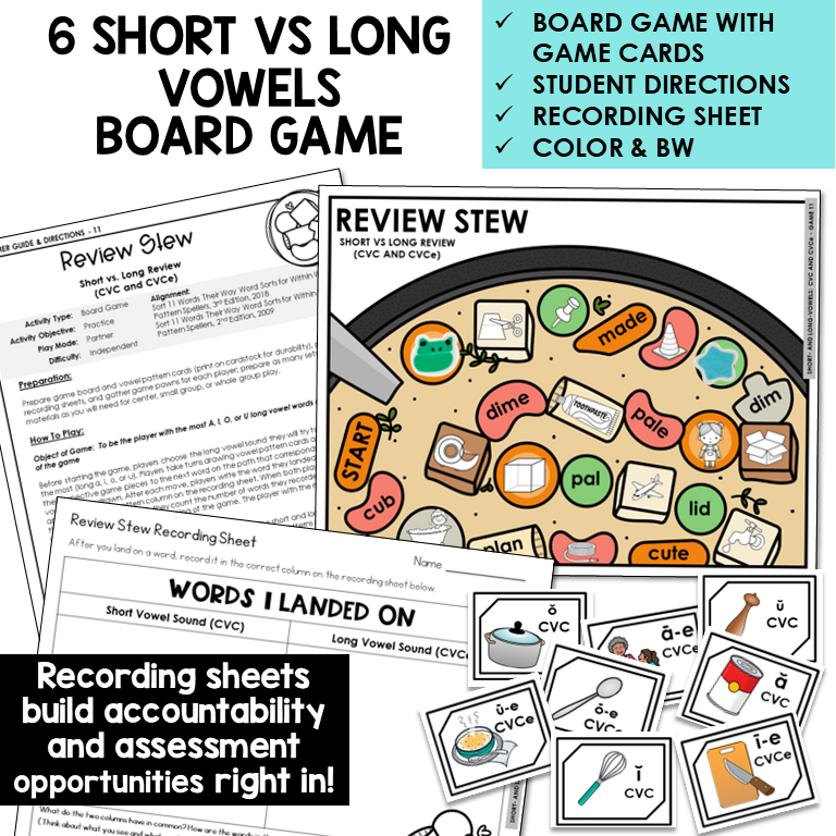 Board game and materials for teaching short vs long vowels with game cards, directions, and recording sheets.