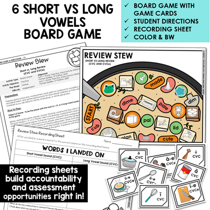 Board game and materials for teaching short vs long vowels with game cards, directions, and recording sheets.