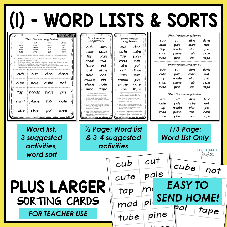 Short vs Long Vowels CVC and CVCe Words Within Word Pattern Activity Printable