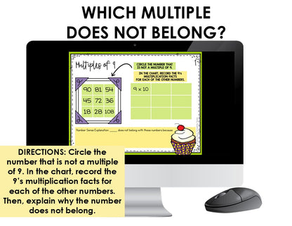 A digital educational activity titled 'Which Multiple Does Not Belong?' for helping students practice multiplication fact fluency