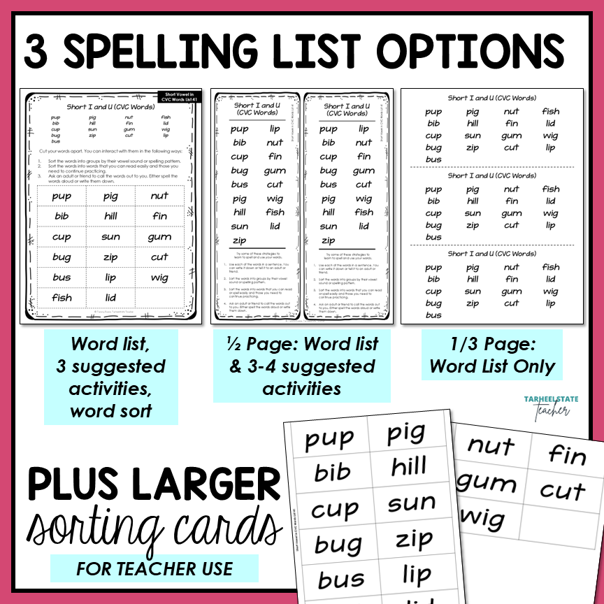 Spelling homework lists for 1st to 2nd grade with three spelling list options for at-home practice. Aligned to the Letter Name-Alphabetic stage in Words Their Way.