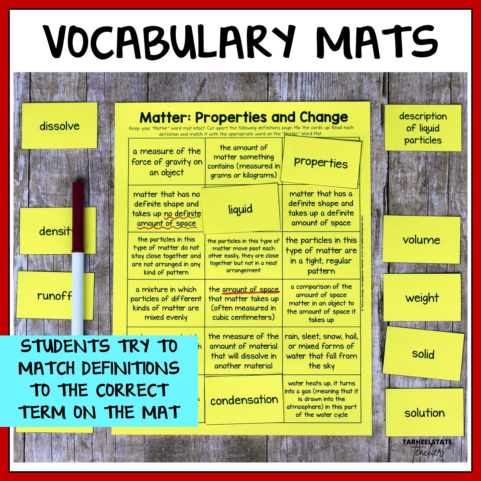 Vocabulary mats for teaching matter properties and change with definitions and terms.