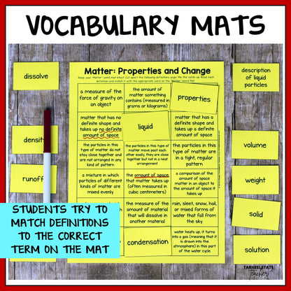 Vocabulary mats for teaching matter properties and change with definitions and terms.