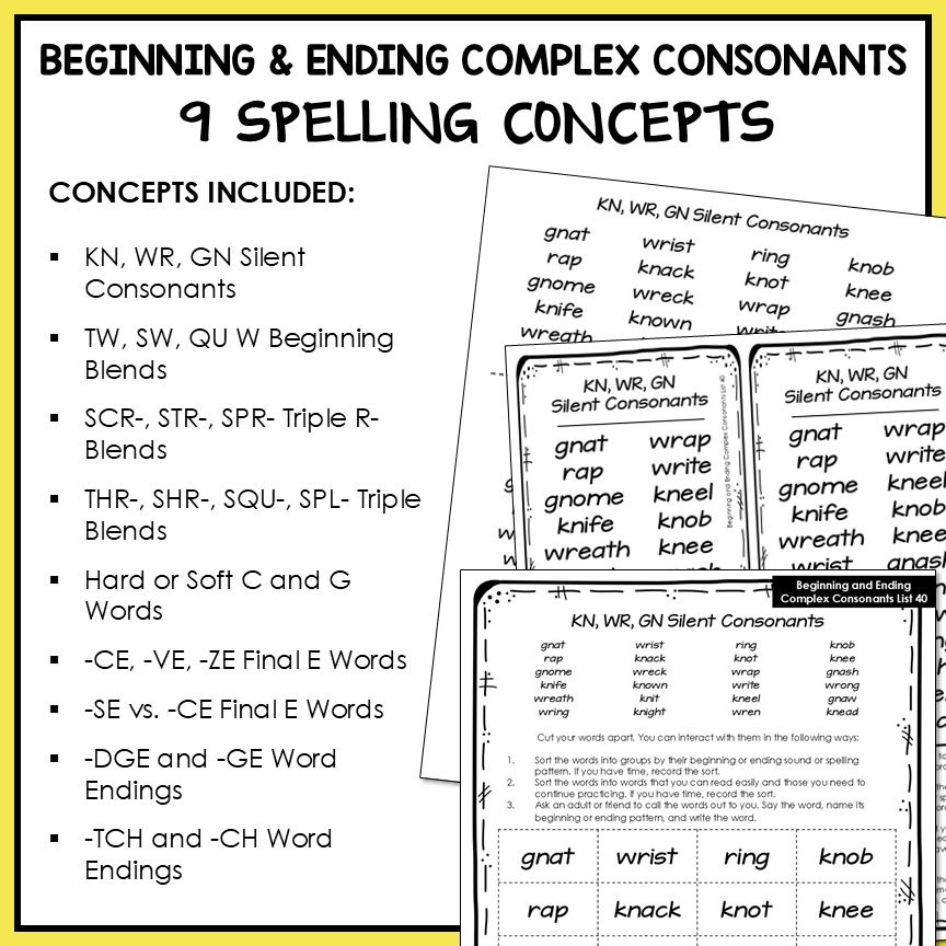Complex Silent Consonants, Triple Blends, Final E Within Word Activity Printable