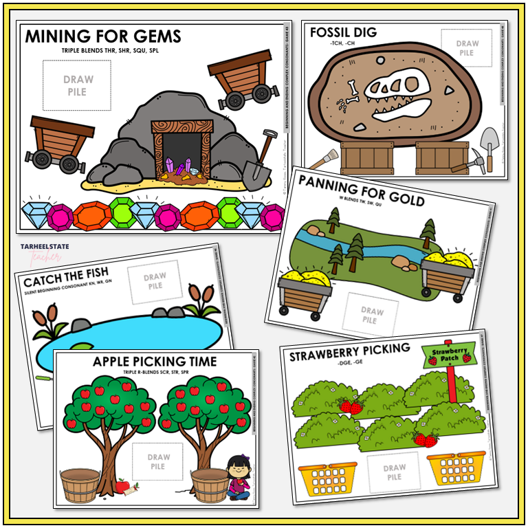 Educational board games with various activities like 'Mining for Gems', 'Fossil Dig', 'Panning for Gold', 'Catch the Fish', 'Apple Picking Time', and 'Strawberry Picking' to engage students in practicing spelling words with triple blends, silent beginning consonants, w blends, and complex consonants.