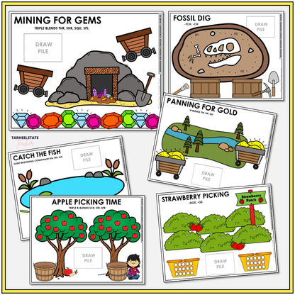 Educational board games with various activities like 'Mining for Gems', 'Fossil Dig', 'Panning for Gold', 'Catch the Fish', 'Apple Picking Time', and 'Strawberry Picking' to engage students in practicing spelling words with triple blends, silent beginning consonants, w blends, and complex consonants.