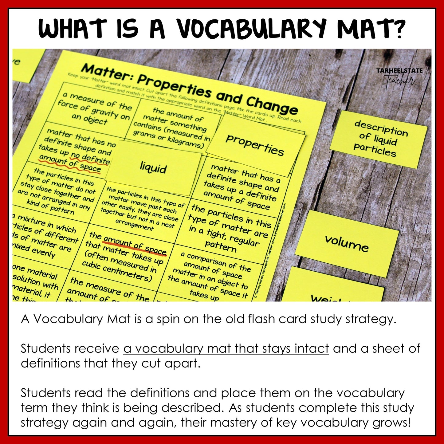 Vocabulary mat with definitions used for teaching key vocabulary related properties and changes in states of matter.