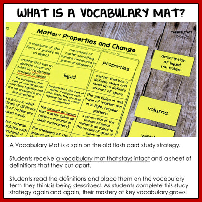 Vocabulary mat with definitions used for teaching key vocabulary related properties and changes in states of matter.