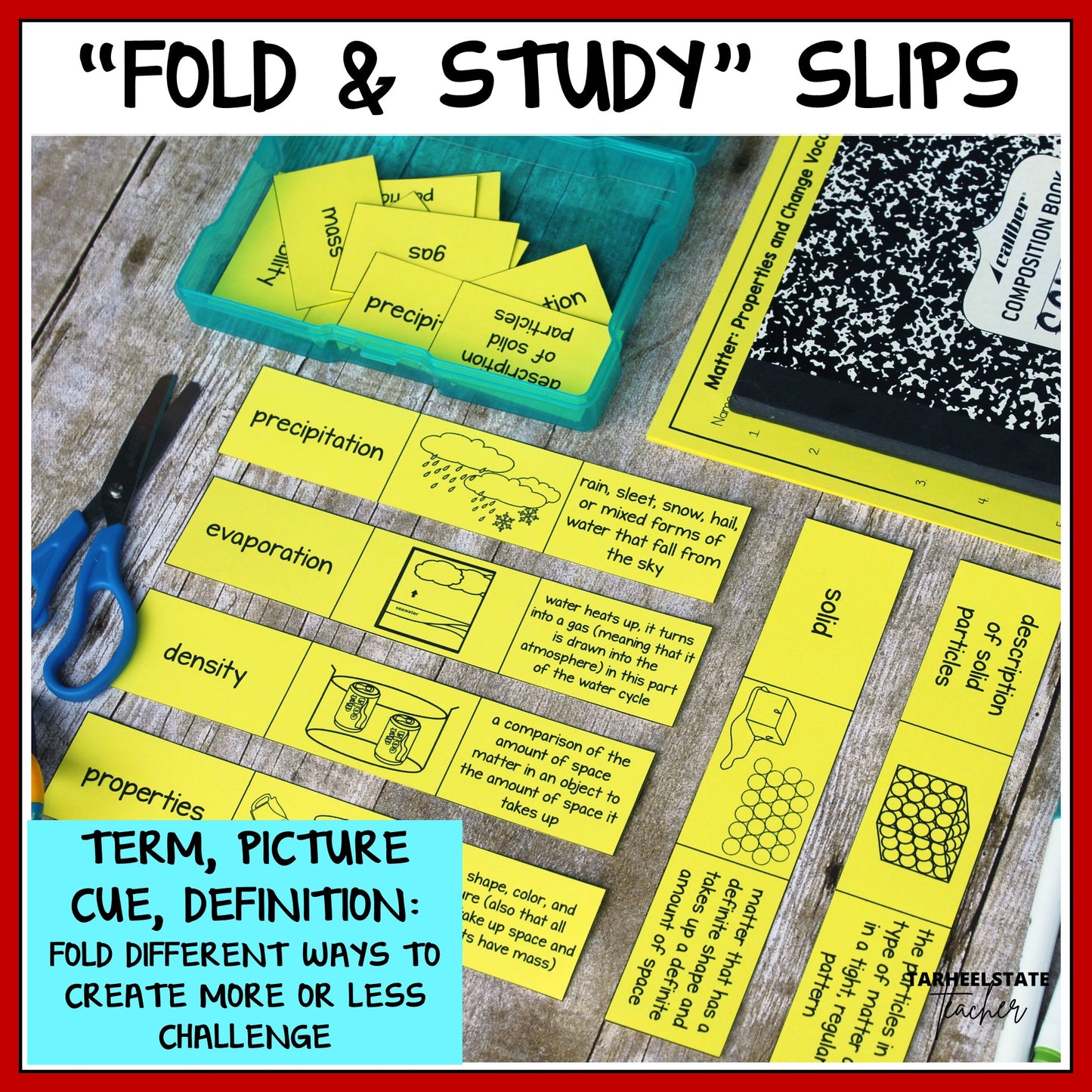 Foldable study slips including vocabulary term, meaning, and picture for states of matter