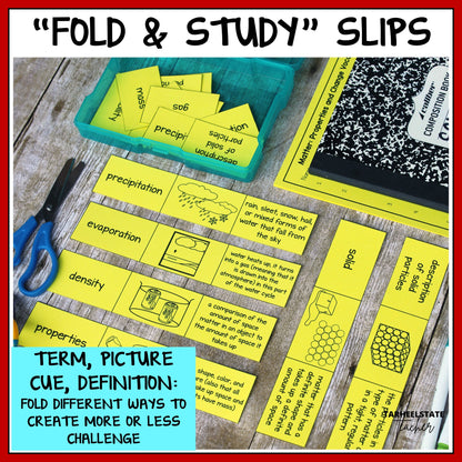 Foldable study slips including vocabulary term, meaning, and picture for states of matter