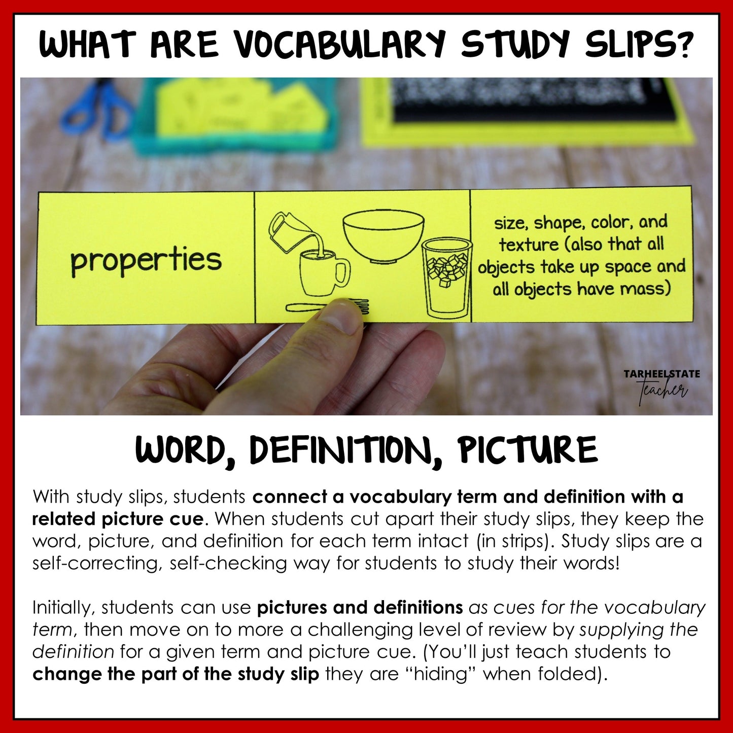 Vocabulary study slips with science term, definition, and picture