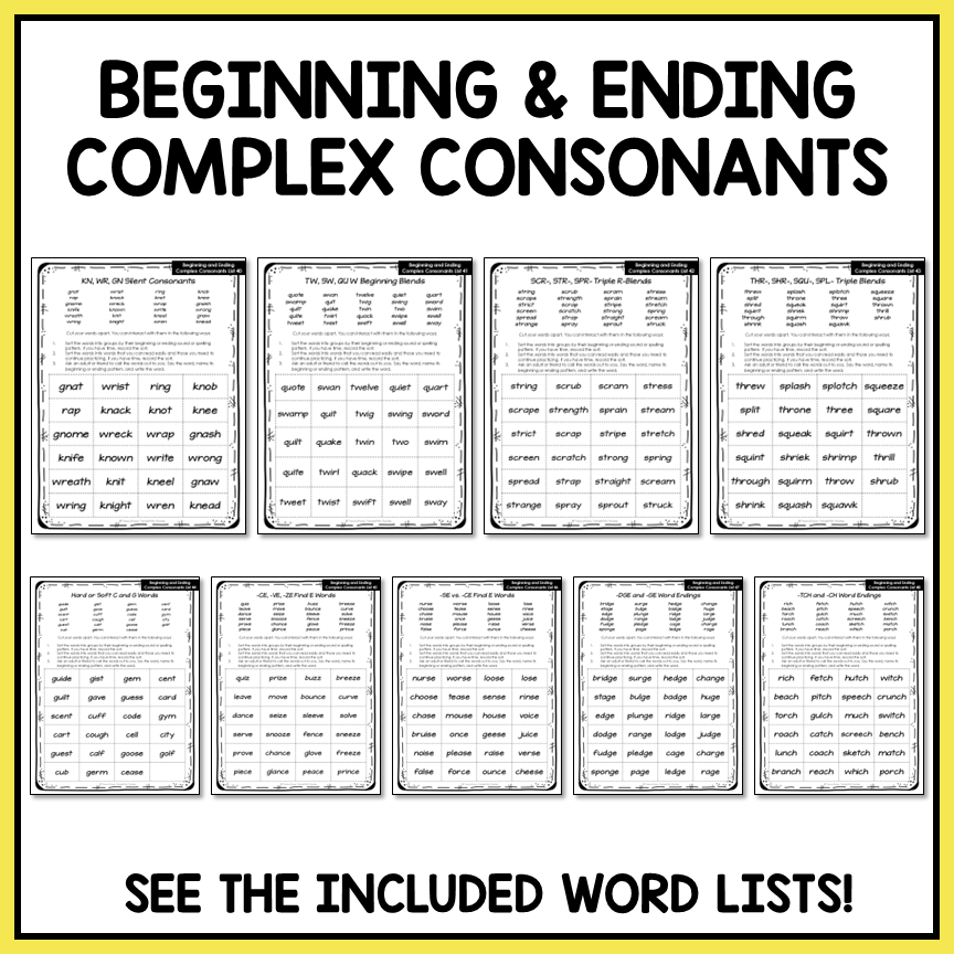 Complex Silent Consonants, Triple Blends, Final E Within Word Activity Printable