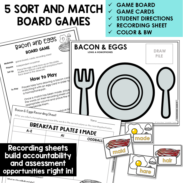 Bacon and Eggs board game set with game board, cards, directions, and recording sheet to engage students in identifying and spelling homophones with the long A spelling pattern.