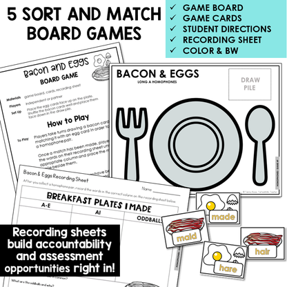 Bacon and Eggs board game set with game board, cards, directions, and recording sheet to engage students in identifying and spelling homophones with the long A spelling pattern.