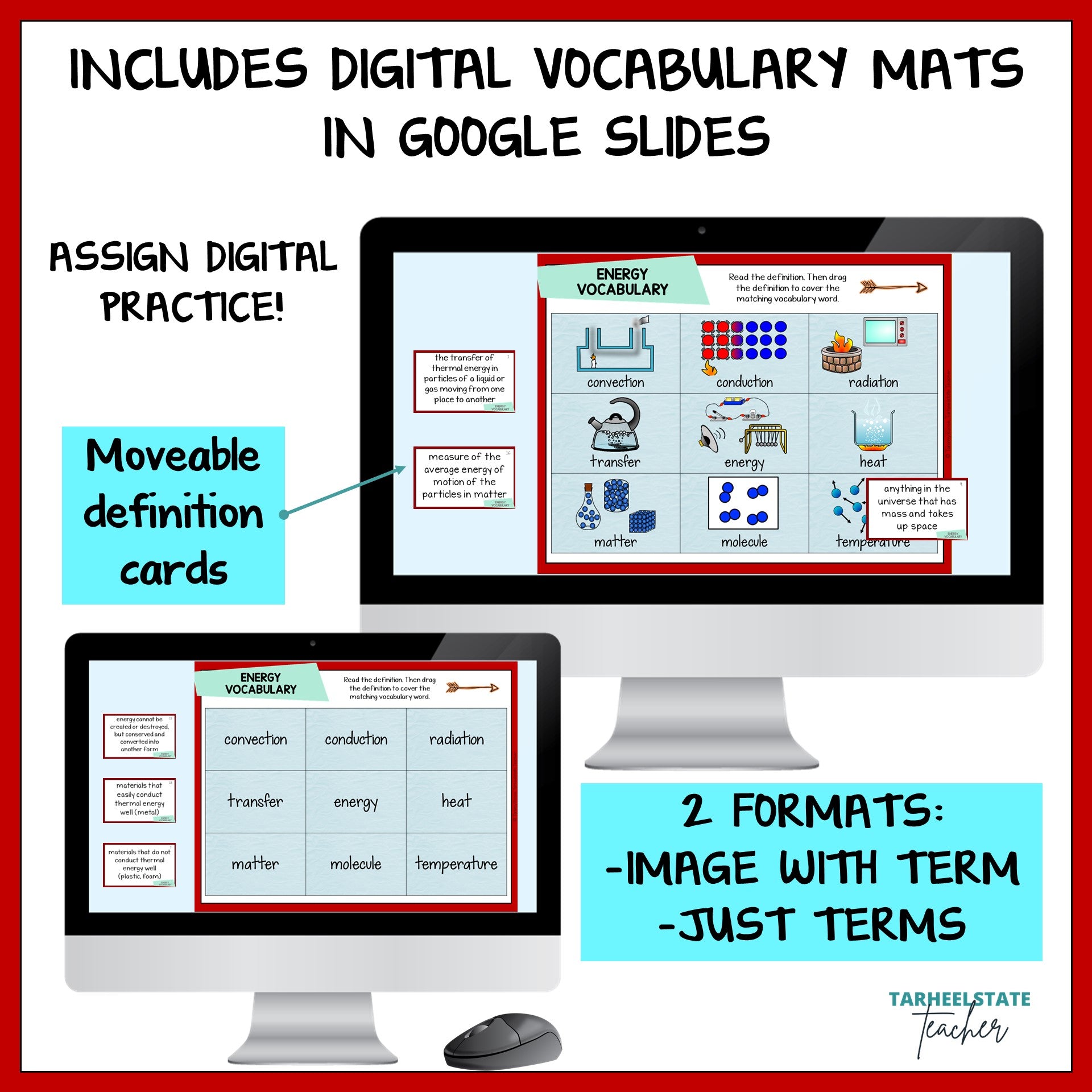 Digital vocabulary mats with Google Slides on a computer screen, featuring text about assign digital practice and movable definition cards.