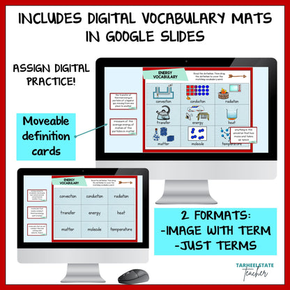 Digital vocabulary mats with Google Slides on a computer screen, featuring text about assign digital practice and movable definition cards.