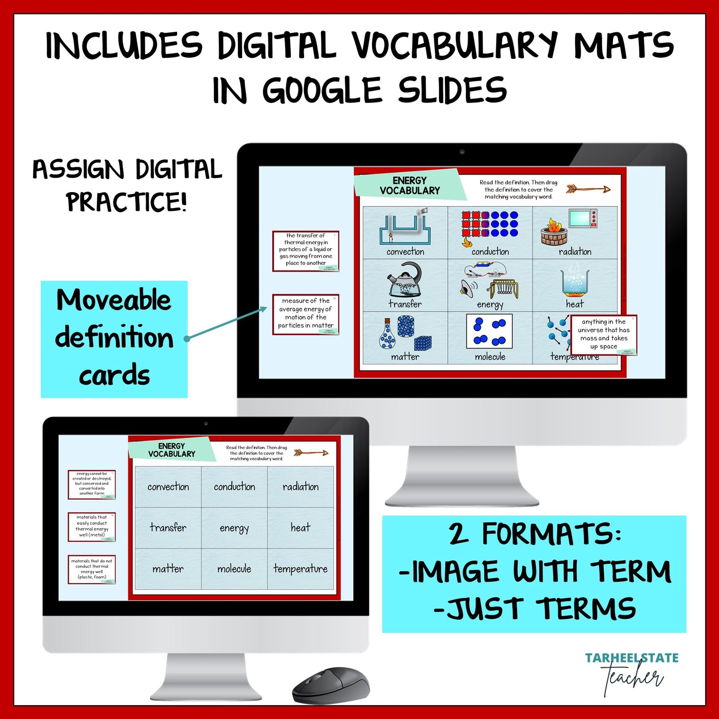 Digital vocabulary mats with Google Slides on a computer screen, featuring text about assign digital practice and movable definition cards.