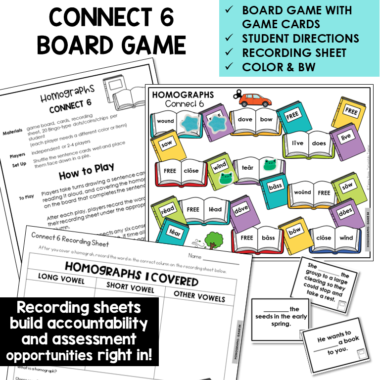 Homographs Connect 6 educational board game with game cards, directions, and recording sheets for teaching students homographs.