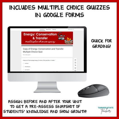 Conservation of Energy and States of Matter resource includes multiple choice quizzes in Google Forms to make grading easier