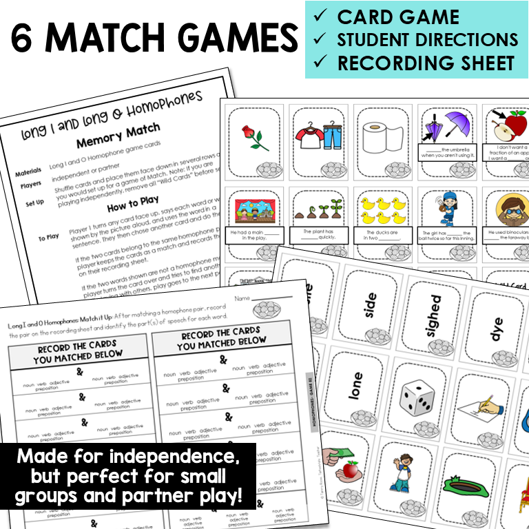 Educational game set with cards, directions, and recording sheet for learning long vowels and homophones.