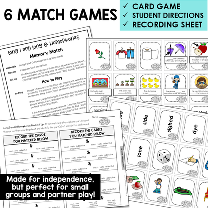 Educational game set with cards, directions, and recording sheet for learning long vowels and homophones.