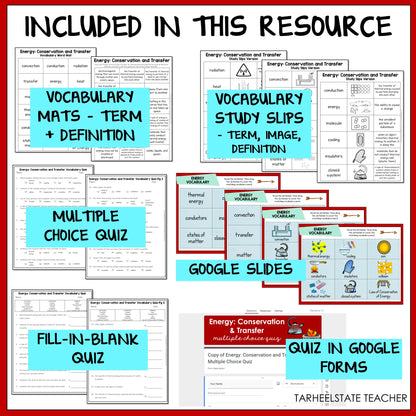 Educational resources including vocabulary mats, study slips, multiple choice quiz, Google Slides, fill-in-blank quiz, and quiz in Google Forms 