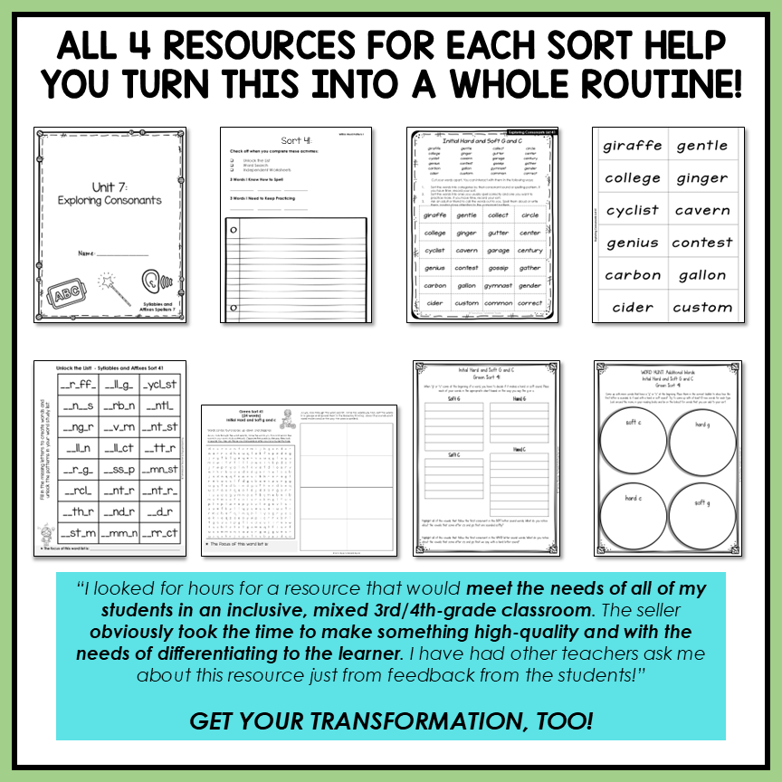 Hard and Soft C & G Silent Consonants GH PH Syllables Affixes Activity Printable