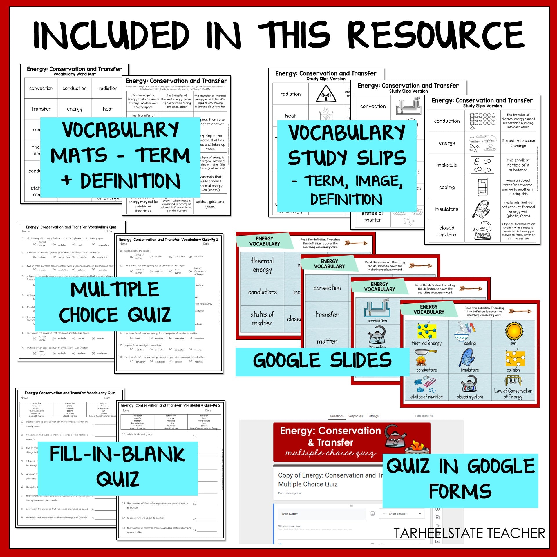 Educational resources including vocabulary mats, study slips, multiple choice quiz, Google Slides, fill-in-blank quiz, and quiz in Google Forms 