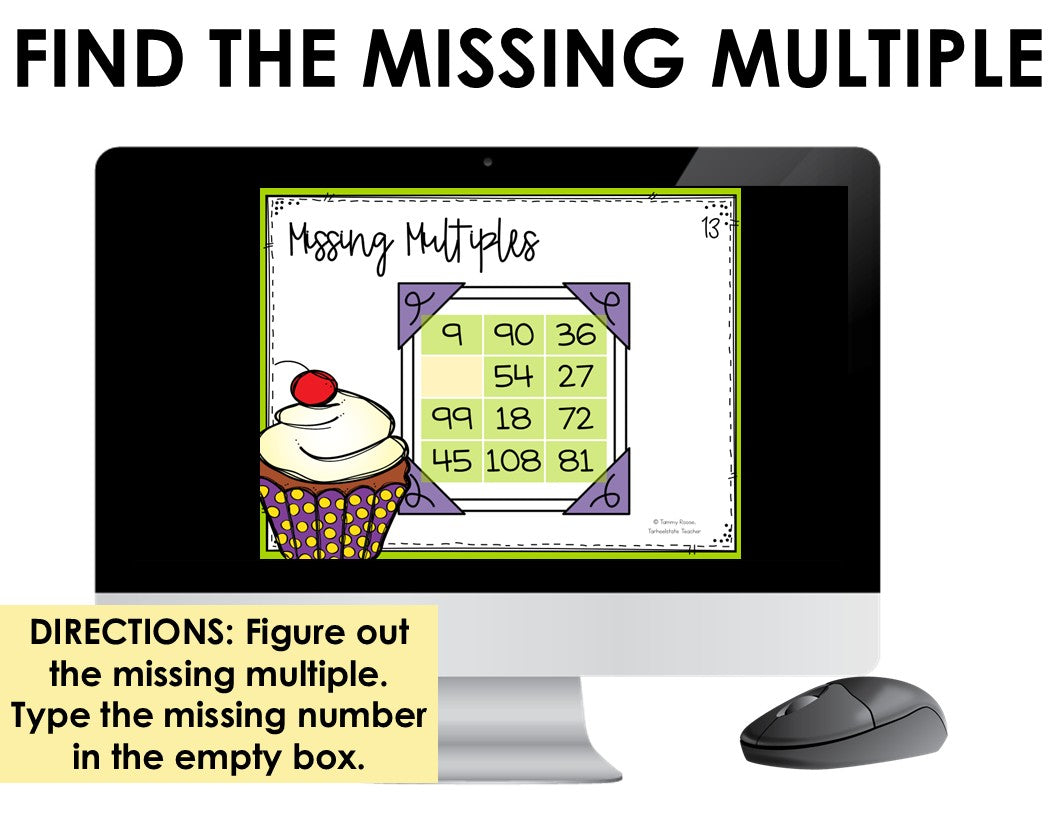 A digital educational activity titled 'Missing Multiples' for helping students practice multiplication fact fluency