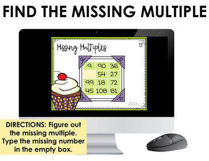 A digital educational activity titled 'Missing Multiples' for helping students practice multiplication fact fluency
