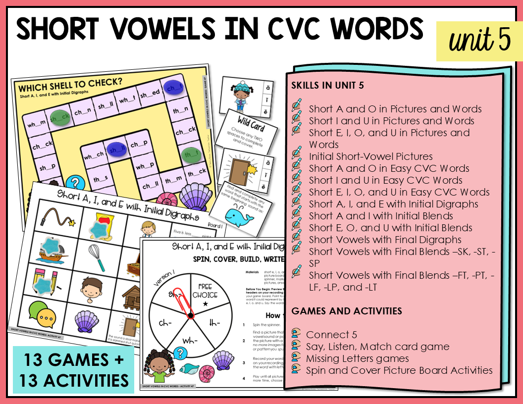 Interactive games and activities for teaching short vowels in CVC words in the Letter Name-Alphabetic stage.