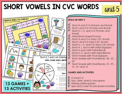 Interactive games and activities for teaching short vowels in CVC words in the Letter Name-Alphabetic stage.