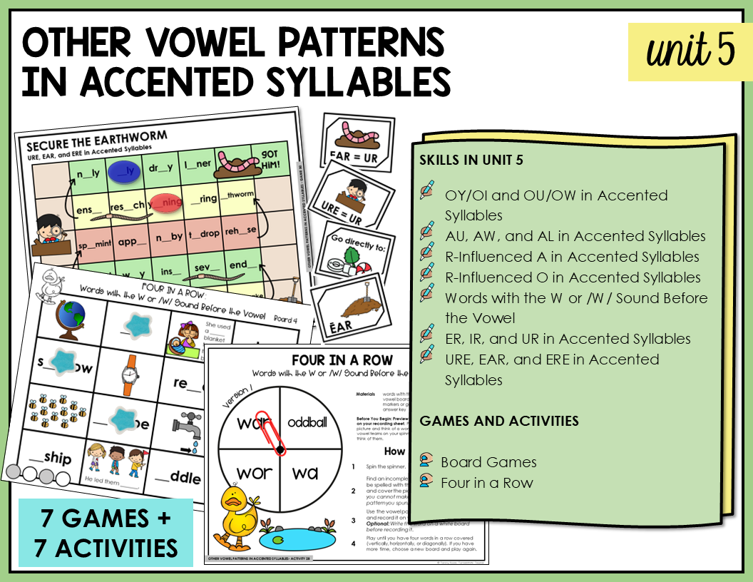 Educational materials for teaching vowel patterns in accented syllables with games and activities.