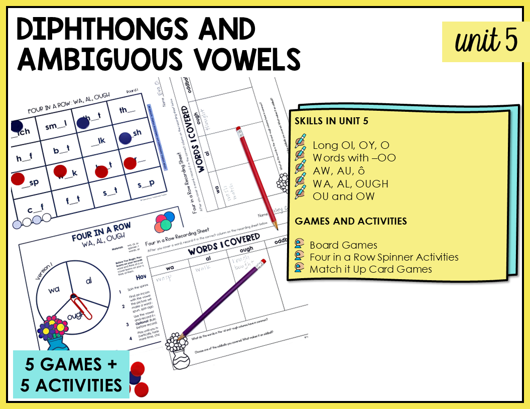 5 partner games and 5 independent activities for students to engage in to practice diphthongs and ambiguous vowels