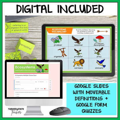 Biomes and Ecosystems resource includes google slides with moveable definitions and google form quizzes to assess student understanding and for test prep purposes.