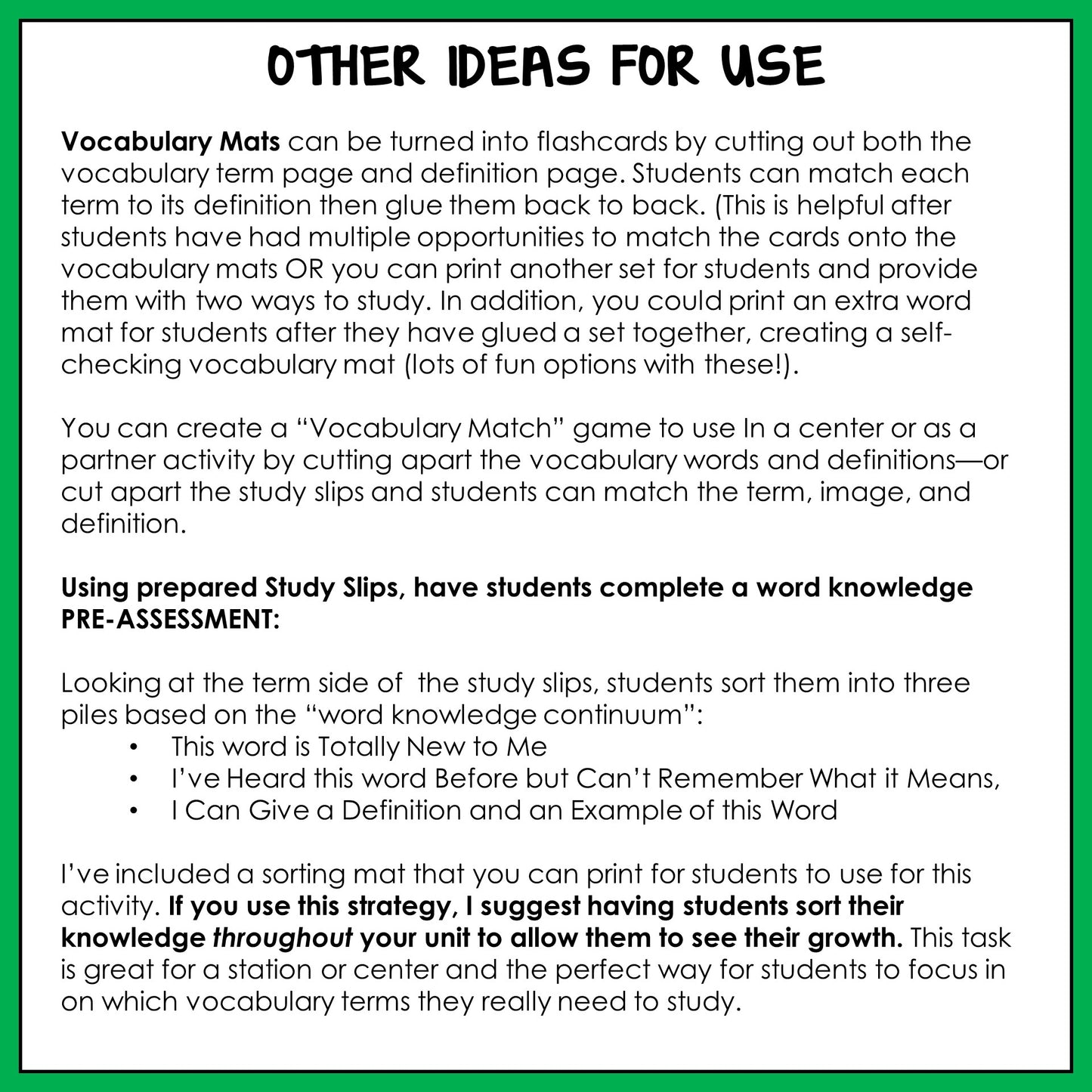 Instructions for using vocabulary mats and study slips 